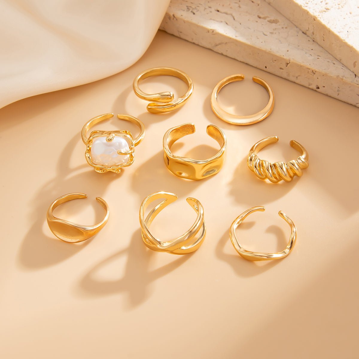 Chic 8pcs Pearl Waterdrop Cross Twisted Ring Set - ArtGalleryZen