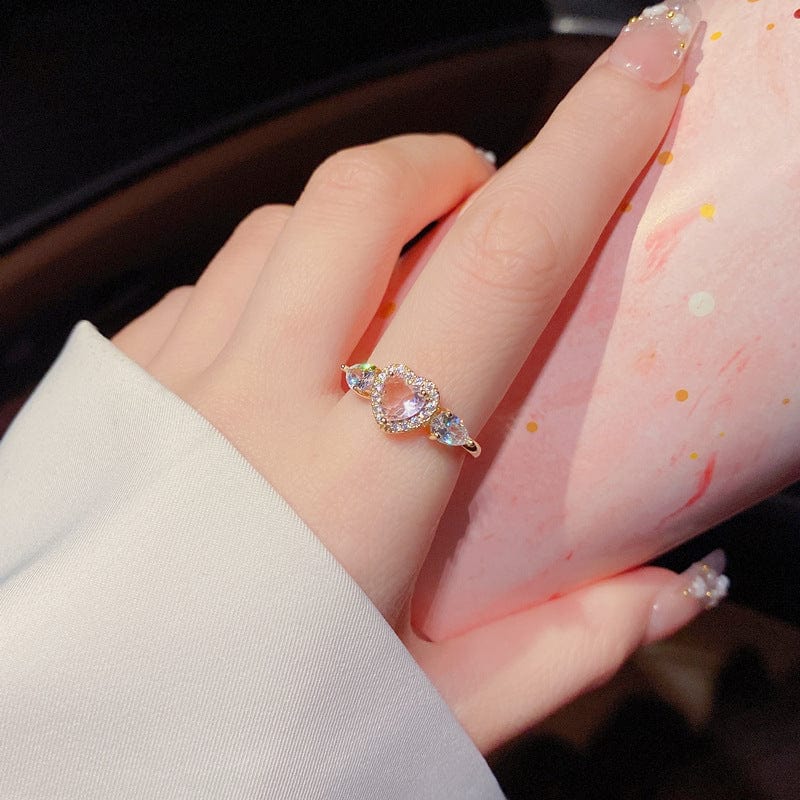 Chic Adjustable Pink Crystal Angel Wings Heart Ring - ArtGalleryZen