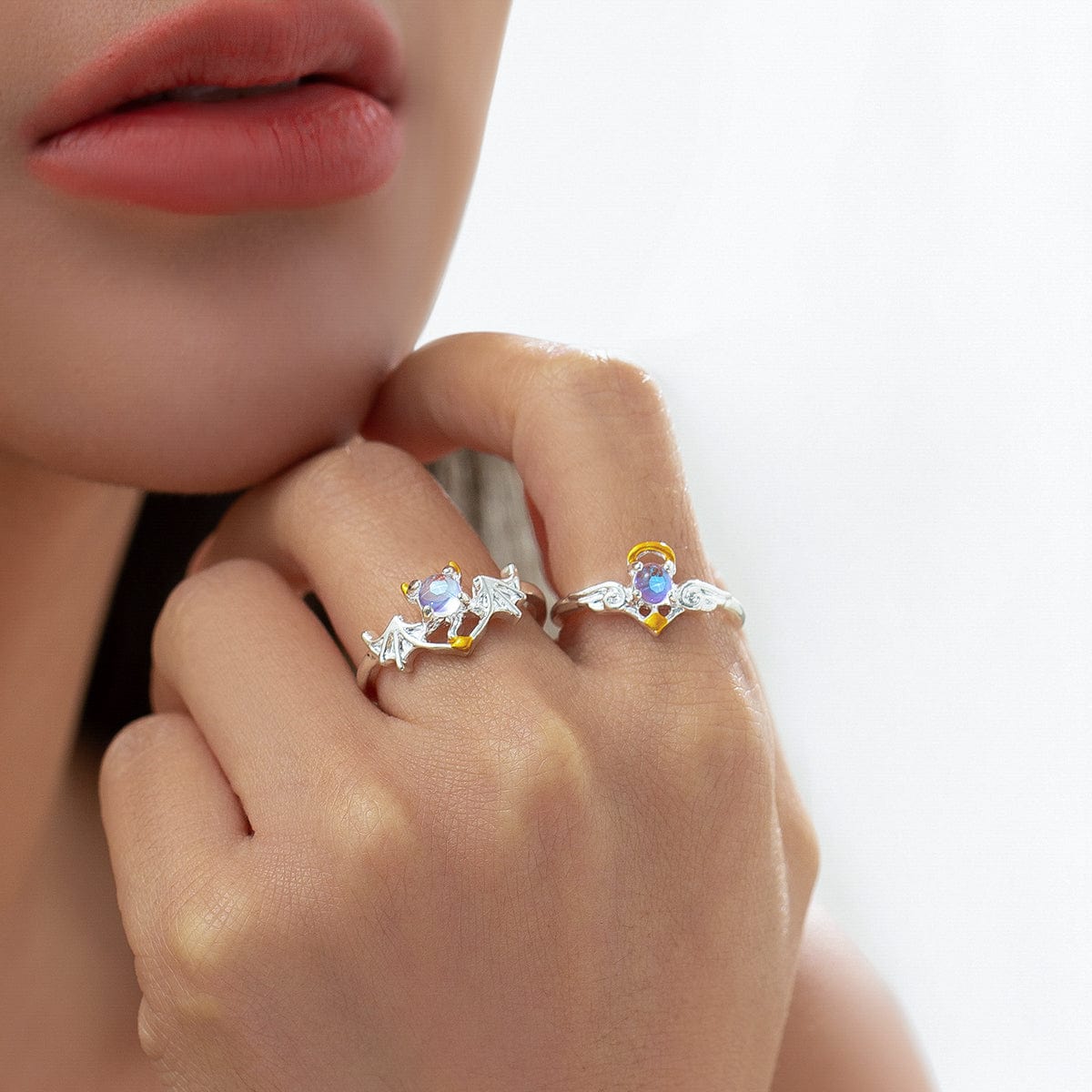 Chic Antique Angel And Devil Matching Opal Ring Set - ArtGalleryZen