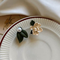 Thumbnail for Chic Asymmetric Enamel Gardenia Flower Pearl Earrings - ArtGalleryZen