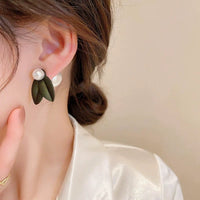 Thumbnail for Chic Asymmetric Enamel Gardenia Flower Pearl Earrings - ArtGalleryZen