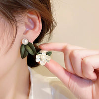 Thumbnail for Chic Asymmetric Enamel Gardenia Flower Pearl Earrings - ArtGalleryZen