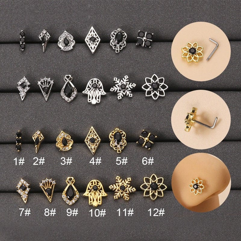 Chic Black CZ Inlaid Stainless Steel Antique Evil Eye Hamsa Nose Piercing Nose Stud - ArtGalleryZen