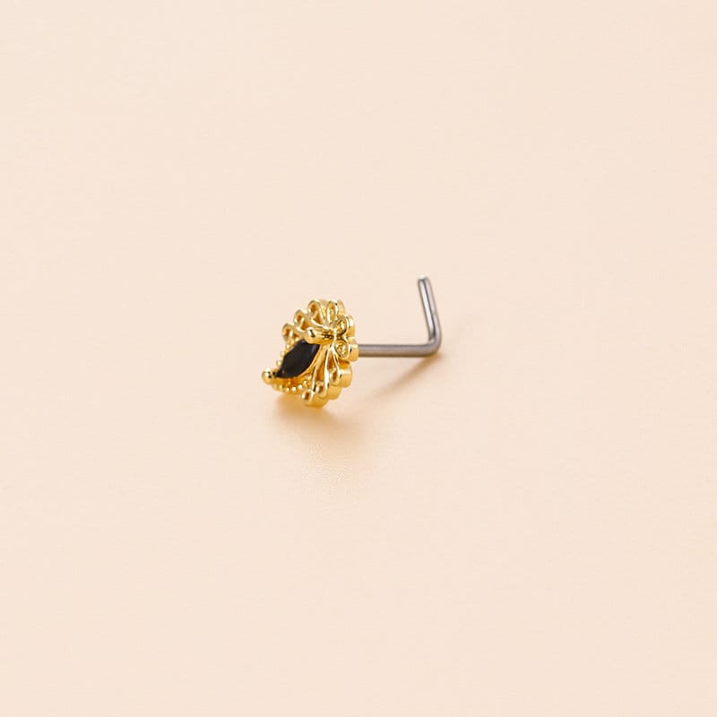 Chic Black CZ Inlaid Stainless Steel Antique Heart Star Nose Piercing Nose Stud - ArtGalleryZen