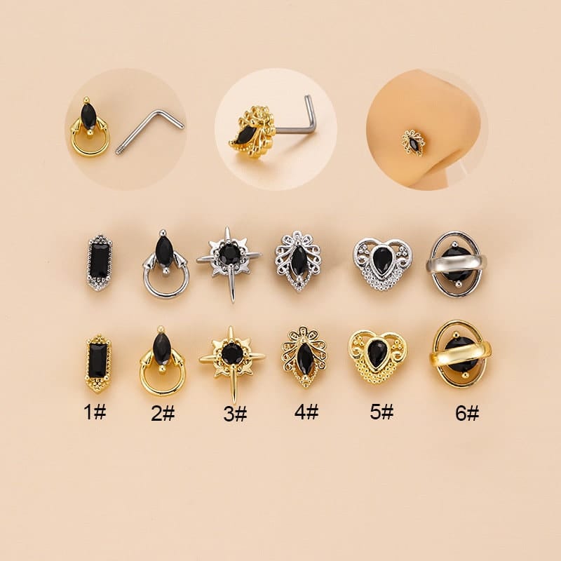 Chic Black CZ Inlaid Stainless Steel Antique Heart Star Nose Piercing Nose Stud - ArtGalleryZen