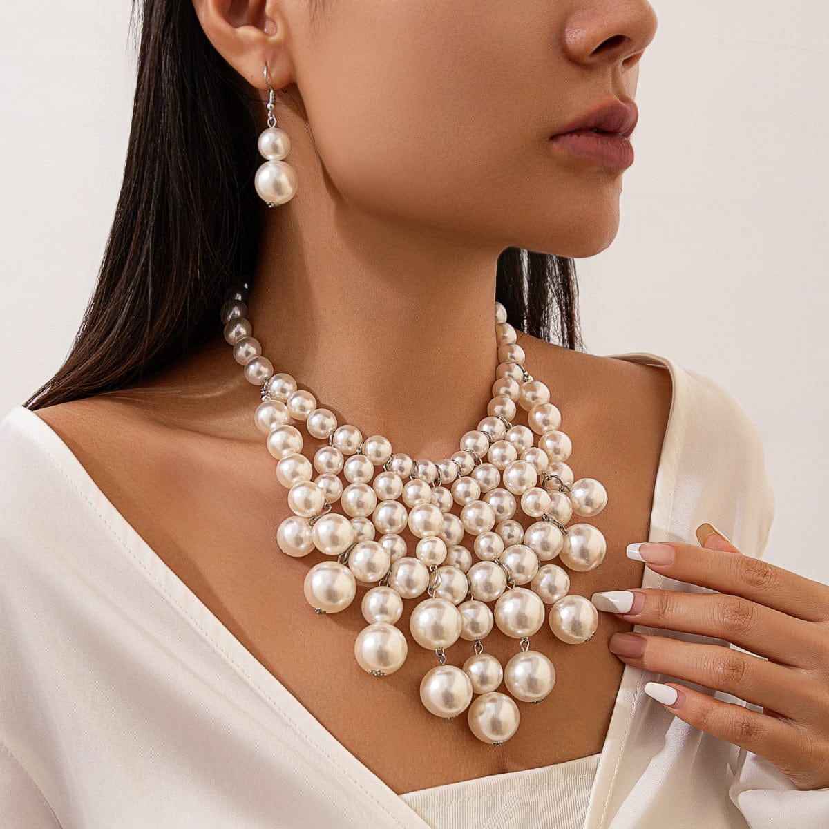 Chic Chunky Pearl Tassel Chain Necklace Earrings Set - ArtGalleryZen