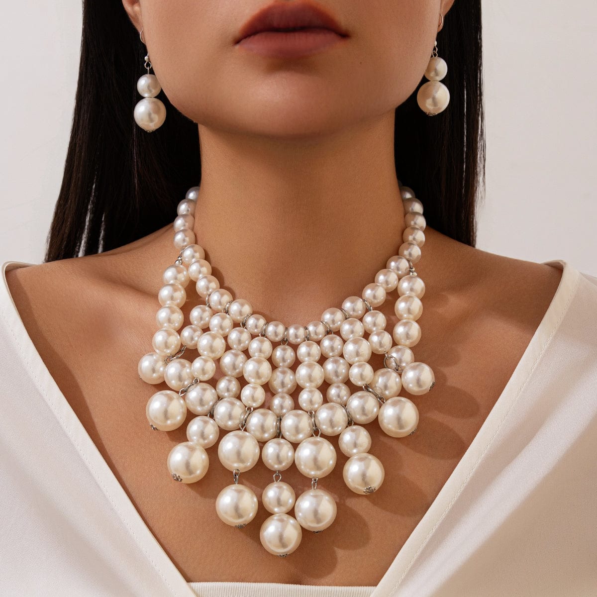 Chic Chunky Pearl Tassel Chain Necklace Earrings Set - ArtGalleryZen