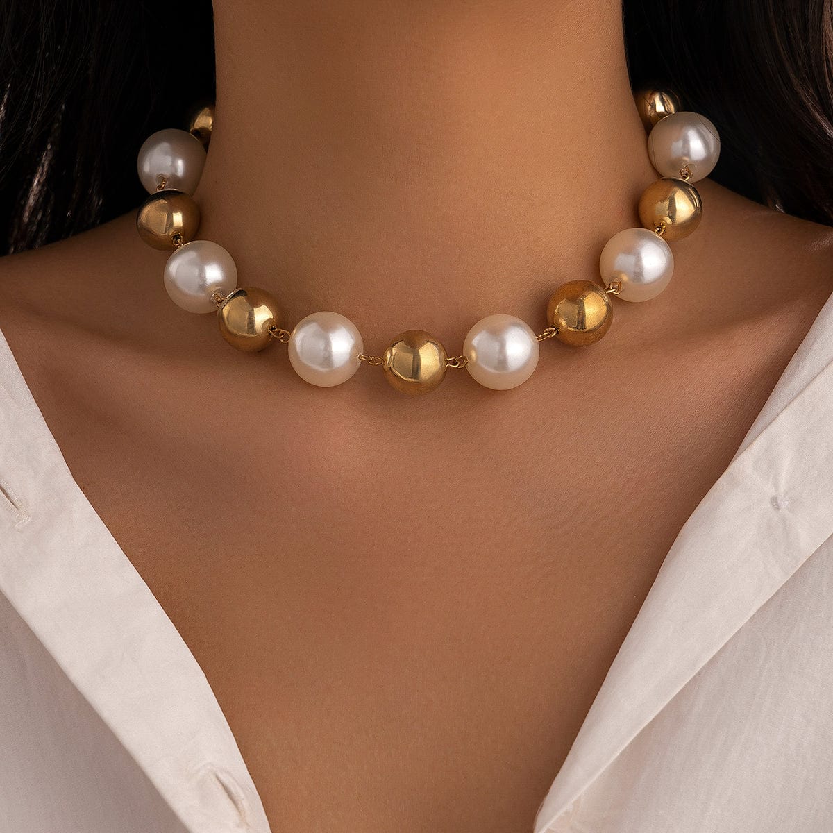 Chic Chunky Two Tone Pearl Chain Choker Necklace - ArtGalleryZen
