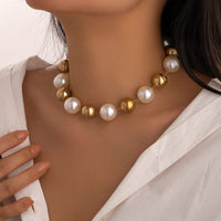 Thumbnail for Chic Chunky Two Tone Pearl Chain Choker Necklace - ArtGalleryZen