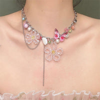Thumbnail for Chic Colorful Butterfly Crystal Flower Pendant Pearl Tassel Chain Necklace - ArtGalleryZen