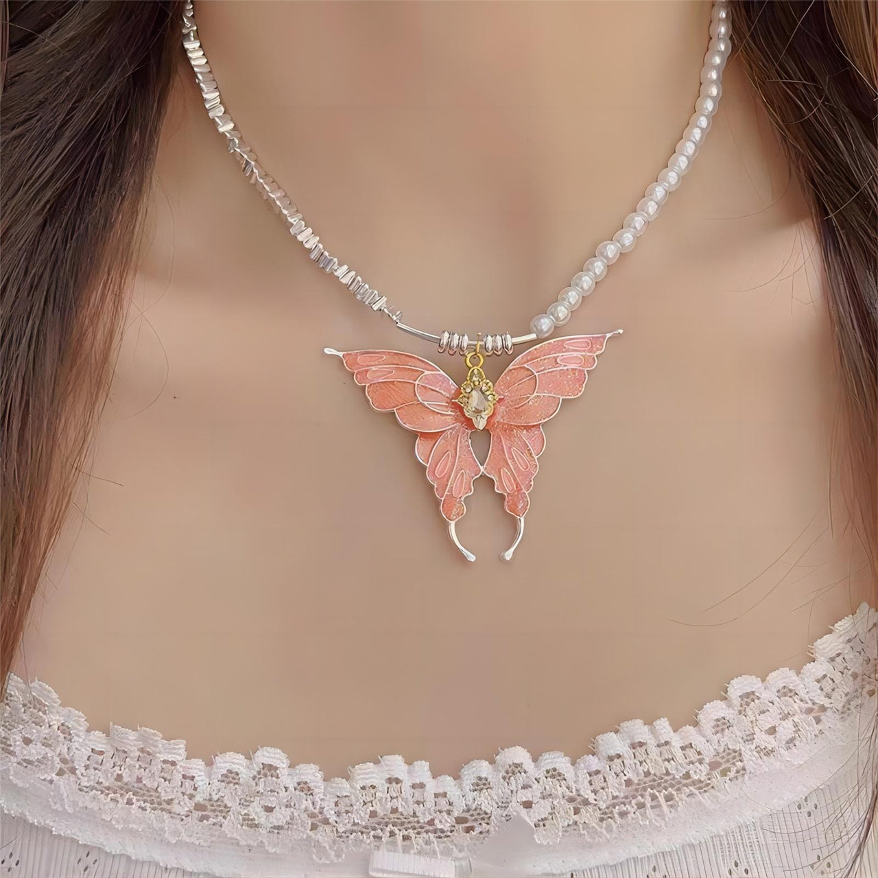 Chic Colorful Enamel Butterfly Pearl Chain Necklace - ArtGalleryZen