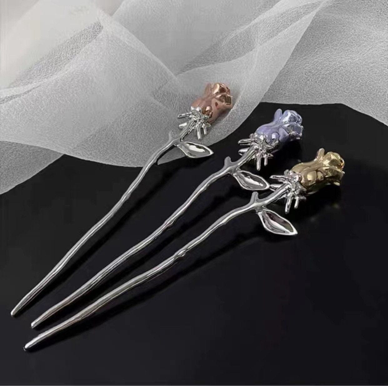Chic Colorful Rose Chignon Hair Fork Hair Pin - ArtGalleryZen