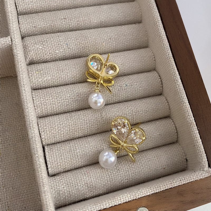 Chic Crystal Bowknot Heart Dangle Pearl Earrings - ArtGalleryZen
