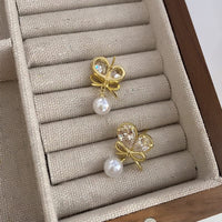 Thumbnail for Chic Crystal Bowknot Heart Dangle Pearl Earrings - ArtGalleryZen