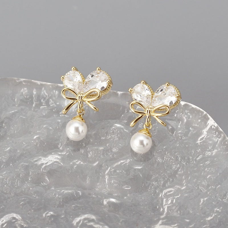 Chic Crystal Bowknot Heart Dangle Pearl Earrings - ArtGalleryZen