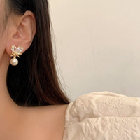 Thumbnail for Chic Crystal Bowknot Heart Dangle Pearl Earrings - ArtGalleryZen