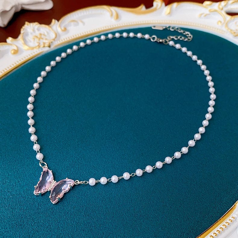 Chic Crystal Butterfly Pendant Pearl Chain Necklace - ArtGalleryZen