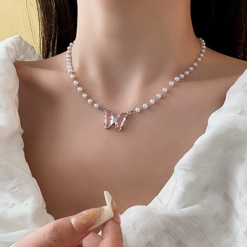 Chic Crystal Butterfly Pendant Pearl Chain Necklace - ArtGalleryZen
