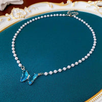 Thumbnail for Chic Crystal Butterfly Pendant Pearl Chain Necklace - ArtGalleryZen