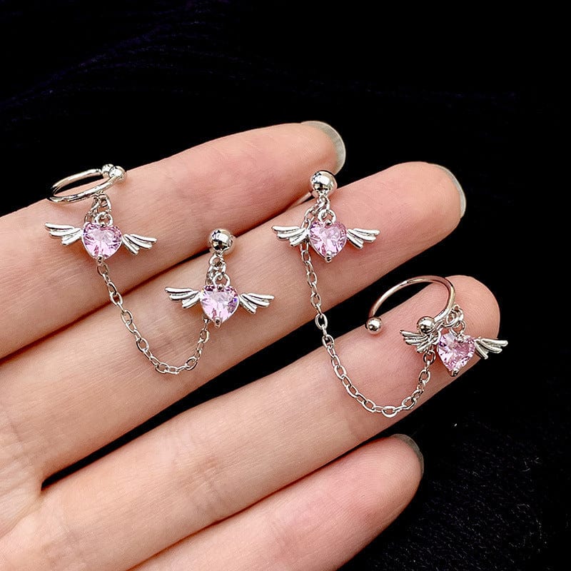 Chic Crystal Heart Angel Wings Ear Cuff Stud Chain Earrings - ArtGalleryZen