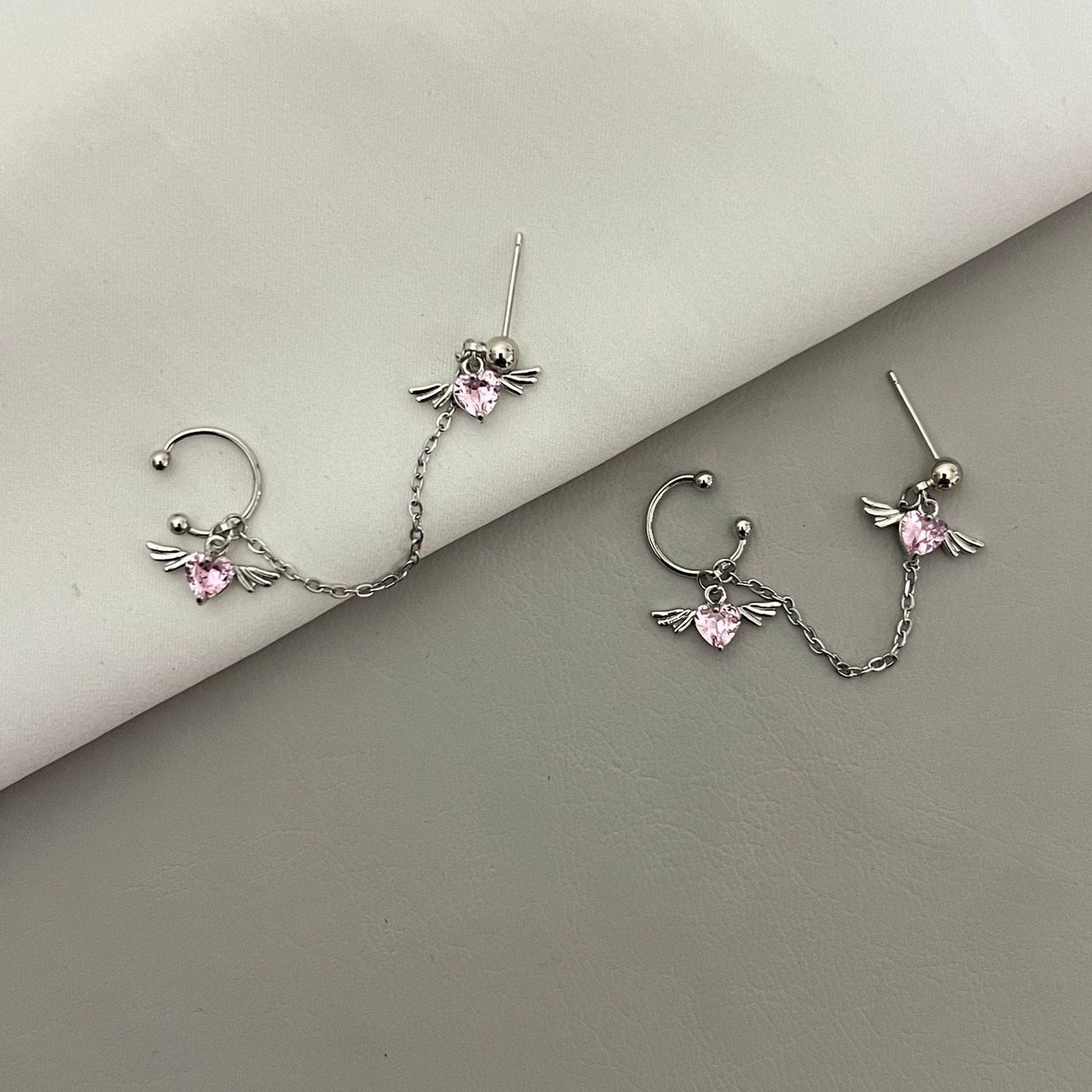 Chic Crystal Heart Angel Wings Ear Cuff Stud Chain Earrings - ArtGalleryZen