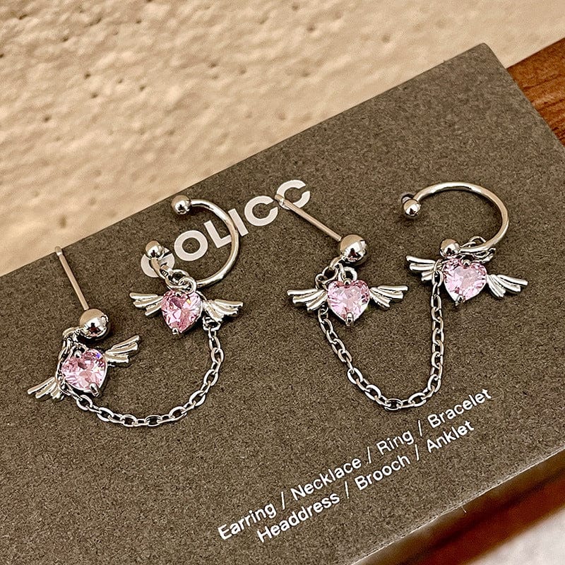 Chic Crystal Heart Angel Wings Ear Cuff Stud Chain Earrings - ArtGalleryZen