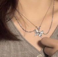 Thumbnail for Chic Crystal Inlaid Layered Antique Silver Butterfly Necklace - ArtGalleryZen