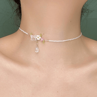 Thumbnail for Chic Crystal Pendant Floral Seed Beaded Chain Choker Necklace - ArtGalleryZen