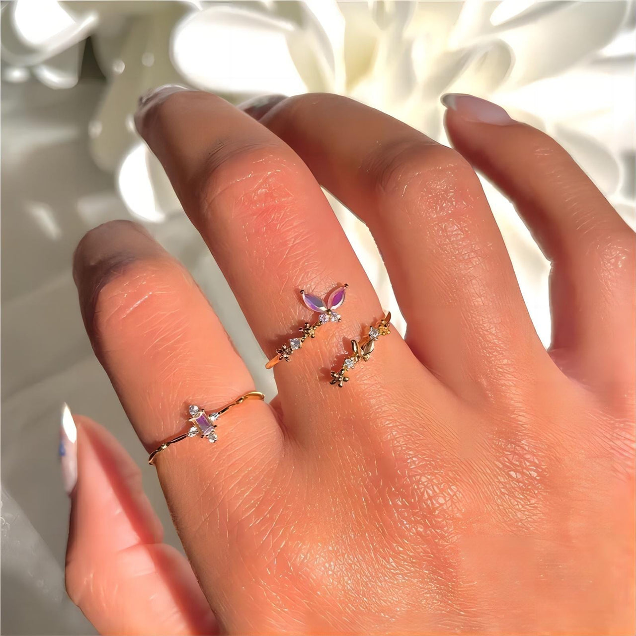 Chic CZ Inlaid Adjustable Floral Butterfly Ring - ArtGalleryZen