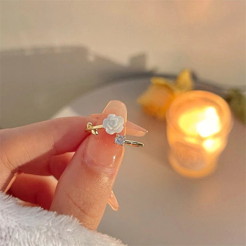 Chic CZ Inlaid Adjustable Flower Ring - ArtGalleryZen