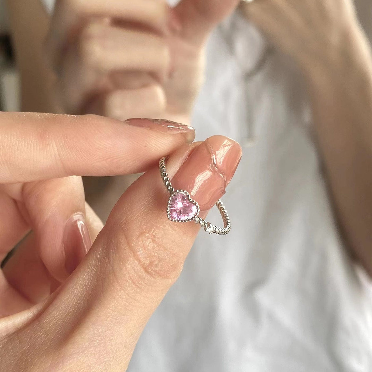 Chic CZ Inlaid Adjustable Pink Crystal Heart Ring - ArtGalleryZen