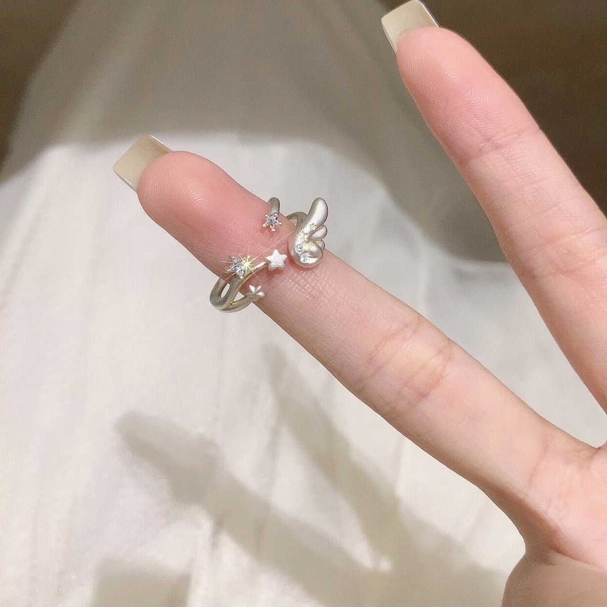 Chic CZ Inlaid Angel Wing Star Open Ring - ArtGalleryZen