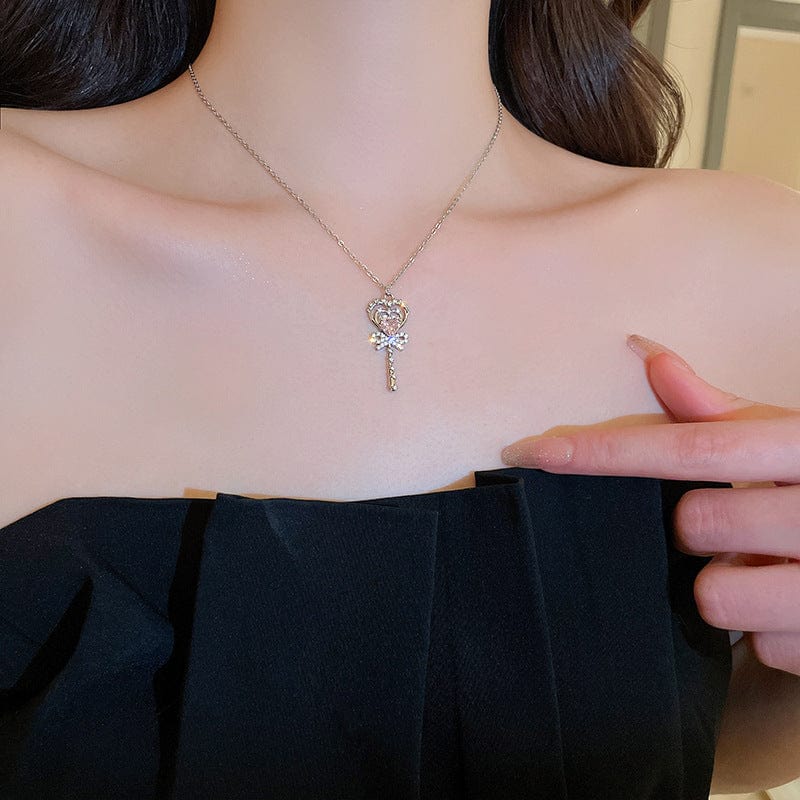 Chic CZ Inlaid Bowknot Heart Magic Wand Necklace - ArtGalleryZen
