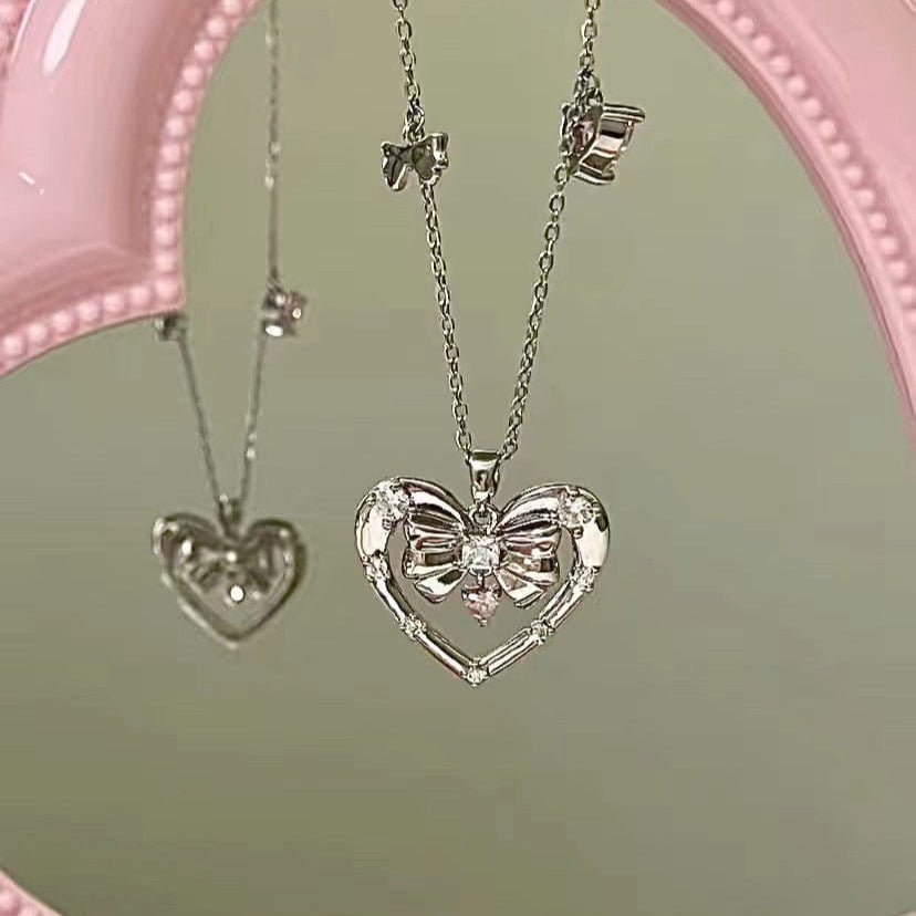 Chic CZ Inlaid Bowknot Heart Pendant Necklace - ArtGalleryZen