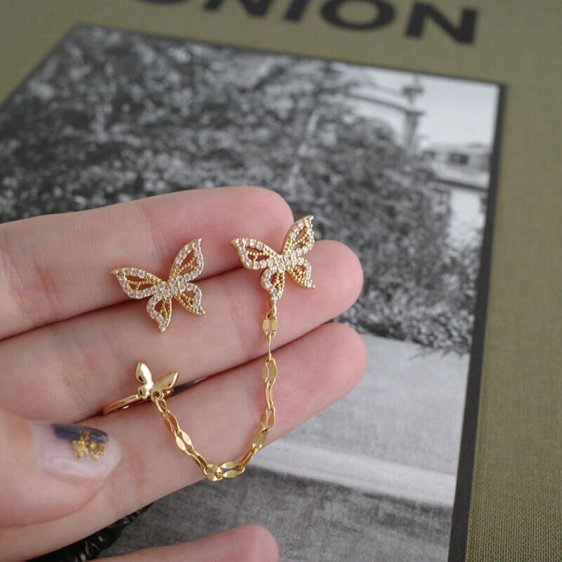 Chic CZ Inlaid Butterfly Ear Cuff Chain Earrings - ArtGalleryZen