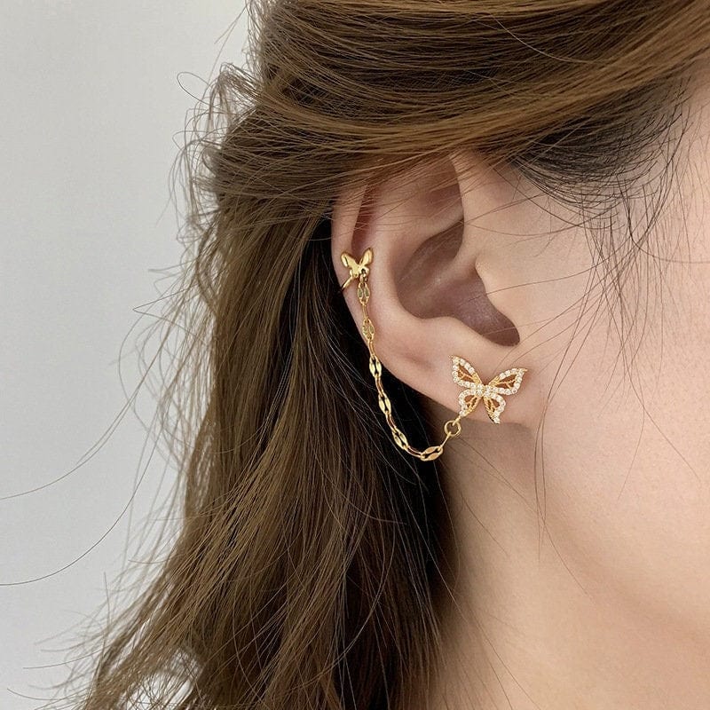 Chic CZ Inlaid Butterfly Ear Cuff Chain Earrings - ArtGalleryZen