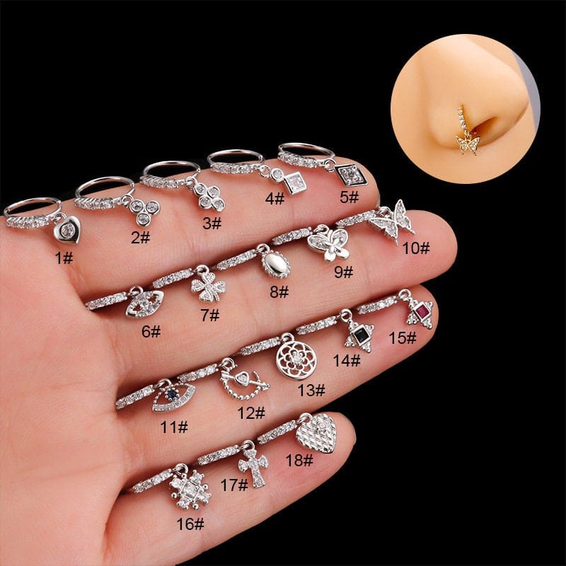 Chic CZ Inlaid Butterfly Evil Eye Heart Dangle Nose Piercing Hoop Nose Ring - ArtGalleryZen