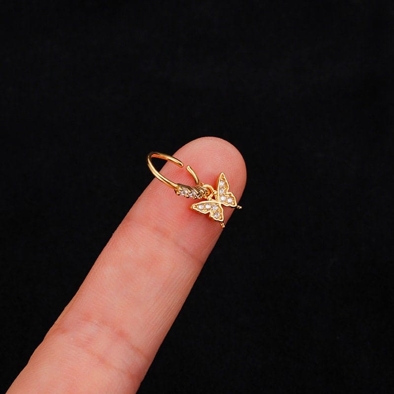 Chic CZ Inlaid Butterfly Evil Eye Heart Dangle Nose Piercing Hoop Nose Ring - ArtGalleryZen