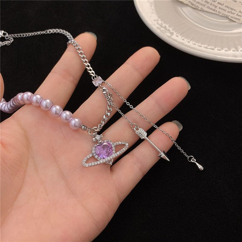 Chic CZ Inlaid Celestial Planet Heart Pendant Pearl Chain Necklace - ArtGalleryZen
