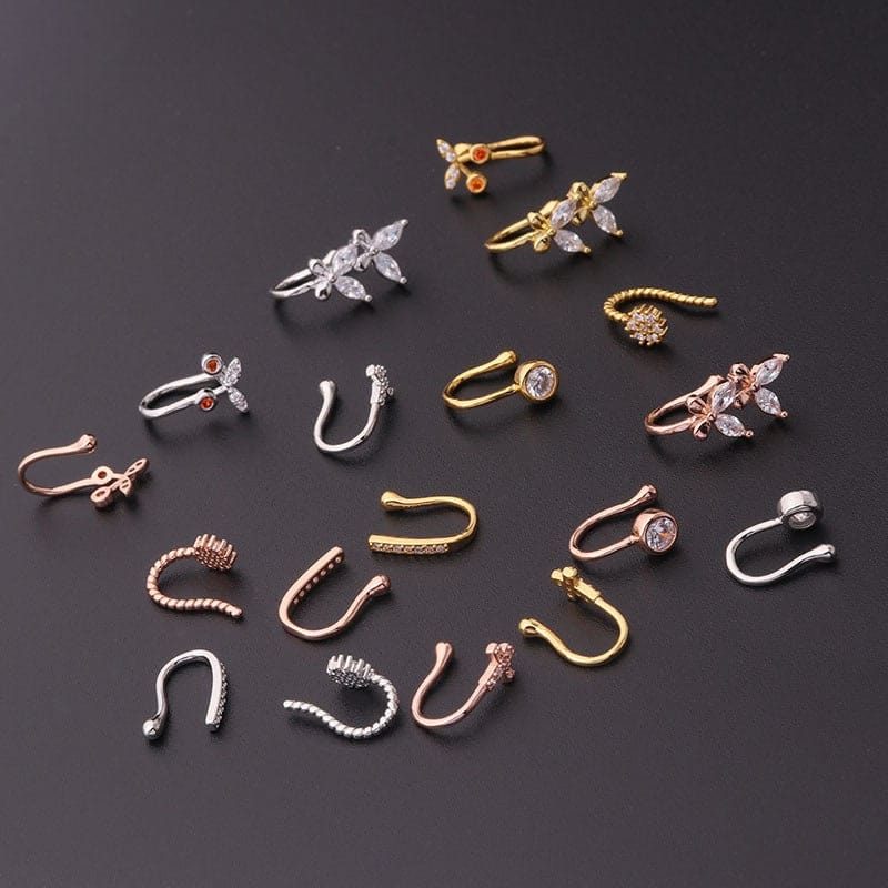 Chic CZ Inlaid Cherry Butterfly Non Piercing Adjustable Nose Ring - ArtGalleryZen