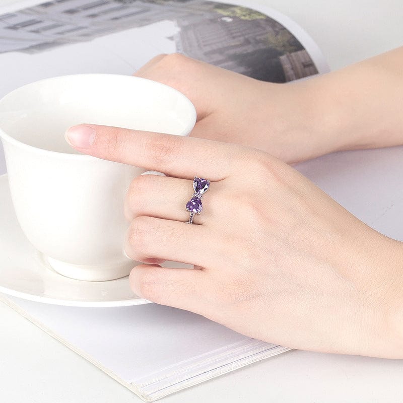 Chic CZ Inlaid Colorful Crystal Heart Bowknot Ring - ArtGalleryZen