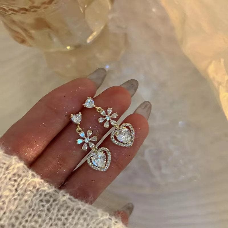 Chic CZ Inlaid Crystal Floral Heart Dangle Earrings - ArtGalleryZen