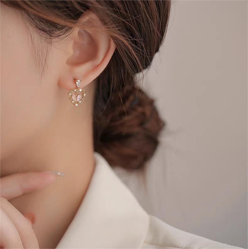 Chic CZ Inlaid Crystal Floral Hollow Heart Earrings - ArtGalleryZen