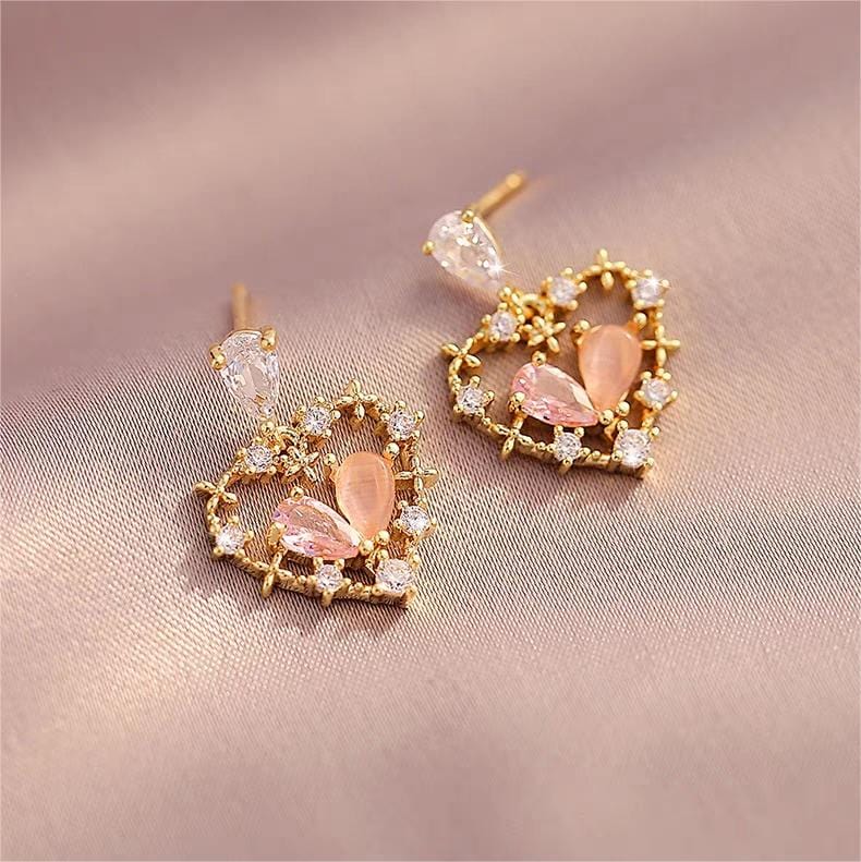 Chic CZ Inlaid Crystal Floral Hollow Heart Earrings - ArtGalleryZen