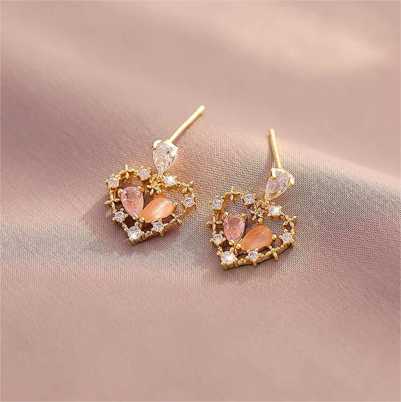 Chic CZ Inlaid Crystal Floral Hollow Heart Earrings - ArtGalleryZen