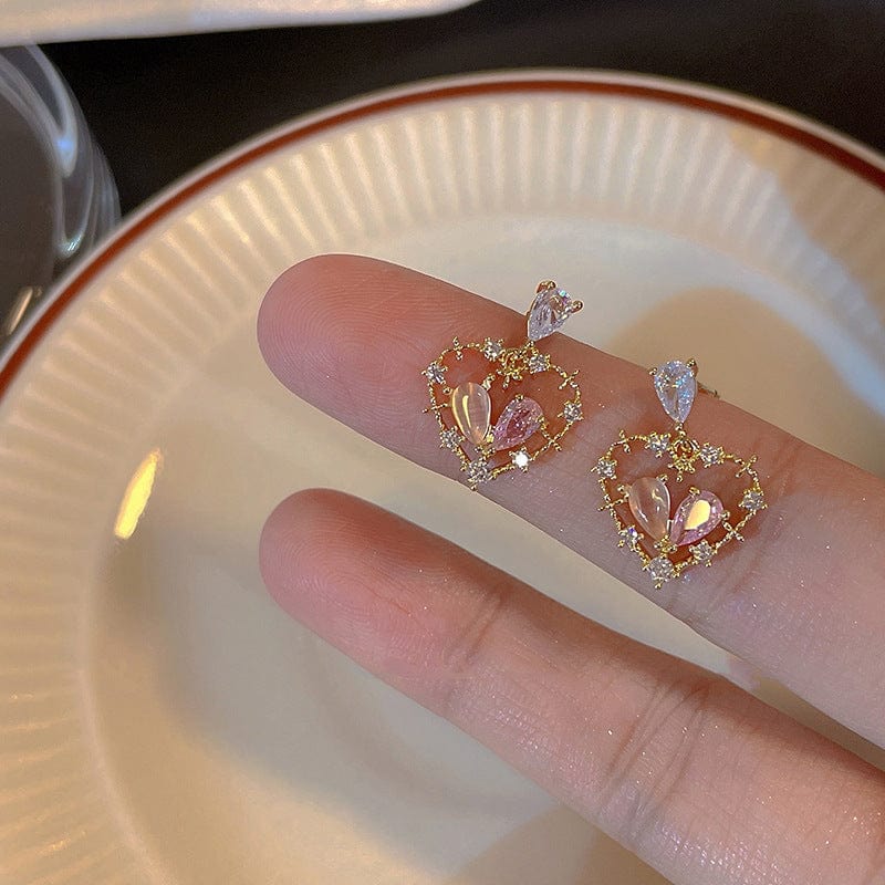Chic CZ Inlaid Crystal Floral Hollow Heart Earrings - ArtGalleryZen