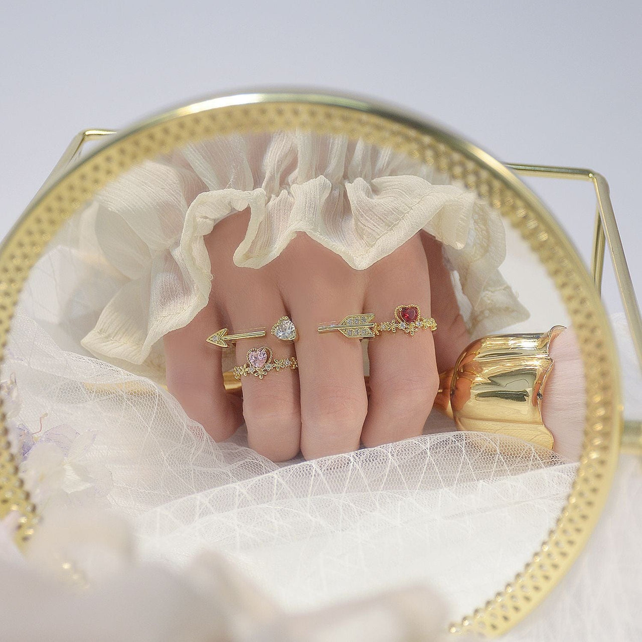 Chic CZ Inlaid Crystal Heart Arrow Of Love Double Ring Floral Ring Set - ArtGalleryZen