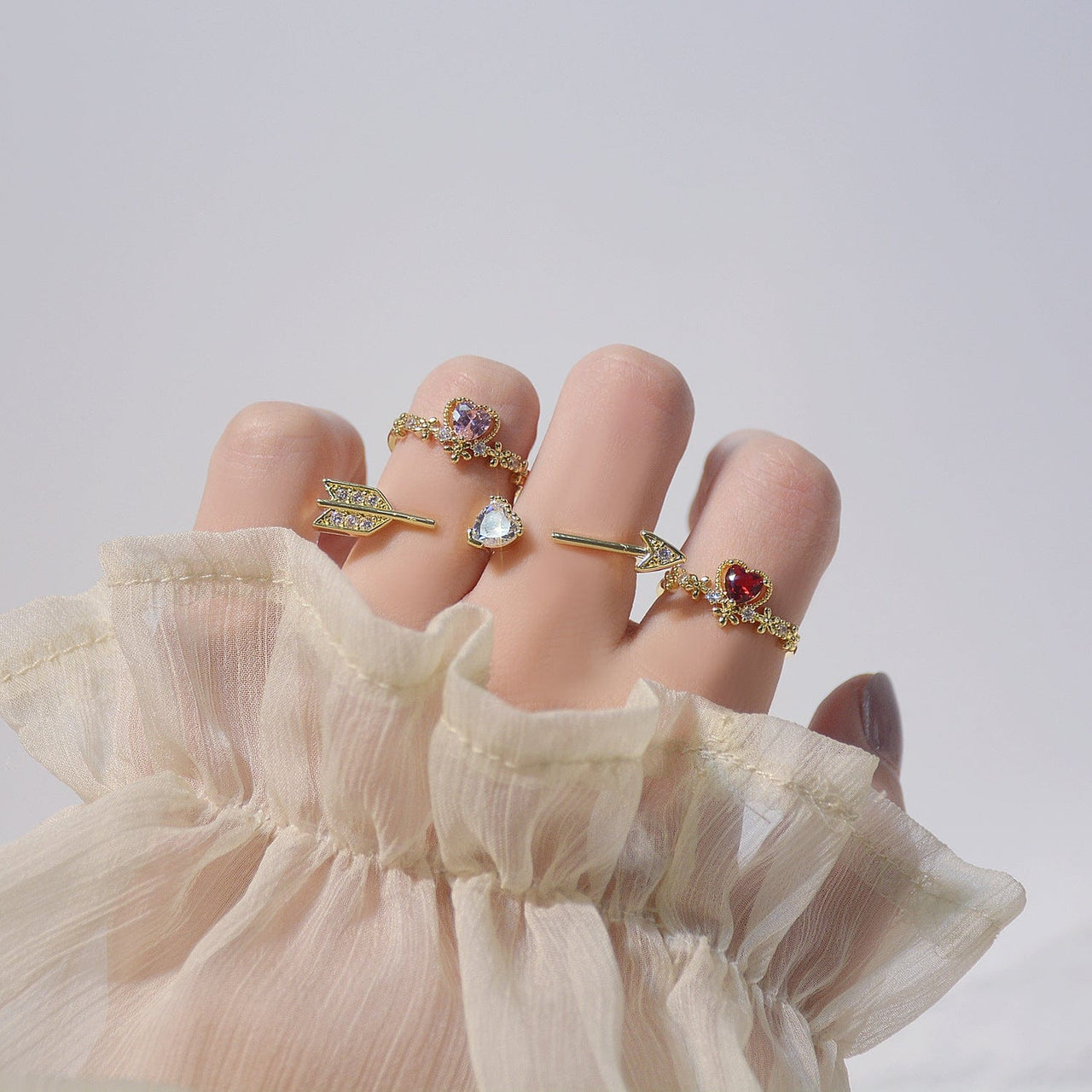 Chic CZ Inlaid Crystal Heart Arrow Of Love Double Ring Floral Ring Set - ArtGalleryZen