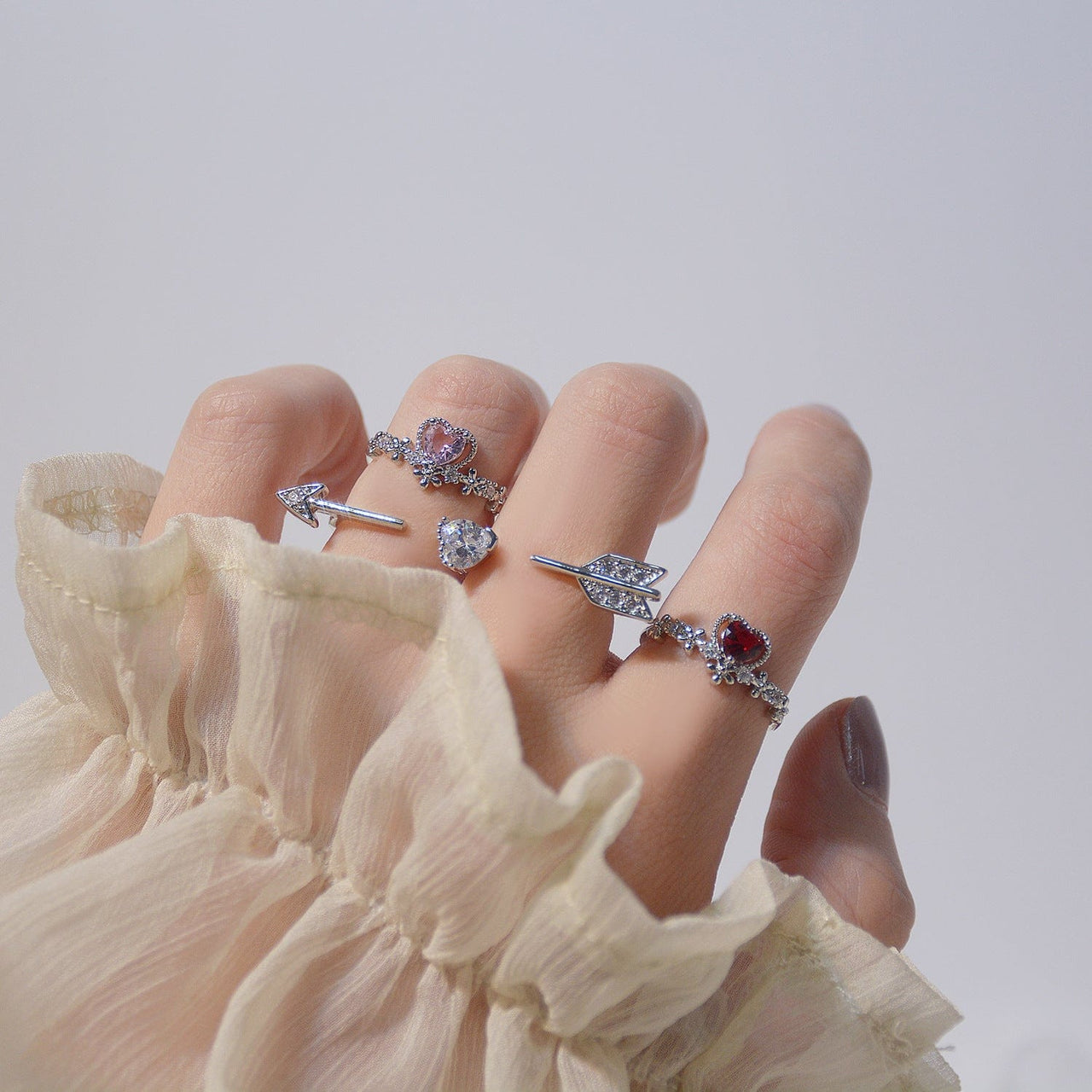 Chic CZ Inlaid Crystal Heart Arrow Of Love Double Ring Floral Ring Set - ArtGalleryZen