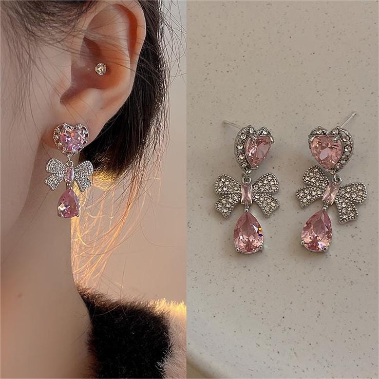 Chic CZ Inlaid Crystal Ribbon Heart Dangle Earrings - ArtGalleryZen
